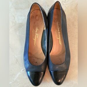 Salvatore Ferragamo slip on pump heels
size 8.5 B leather patent cap toe